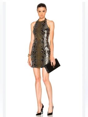 Balmain Snake-Print Halter Mini Dress in Gold and Black sz 36